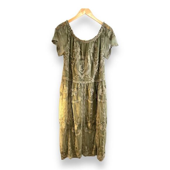 RURAL MERCANTILE Olive  to Taupe Scoop Neck Stretch Lace Boho Maxi Dress LG NWT - Picture 11 of 13